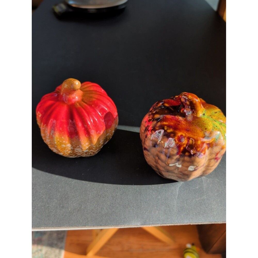 Ceramic Glazed Pumpkin Decoration SET OF TWO 4in Tall 31/2-4 In Diameter